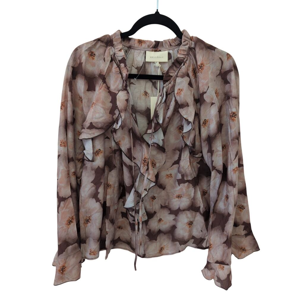 Melloday Floral Ruffle Boho Top in Mauve size M NWT